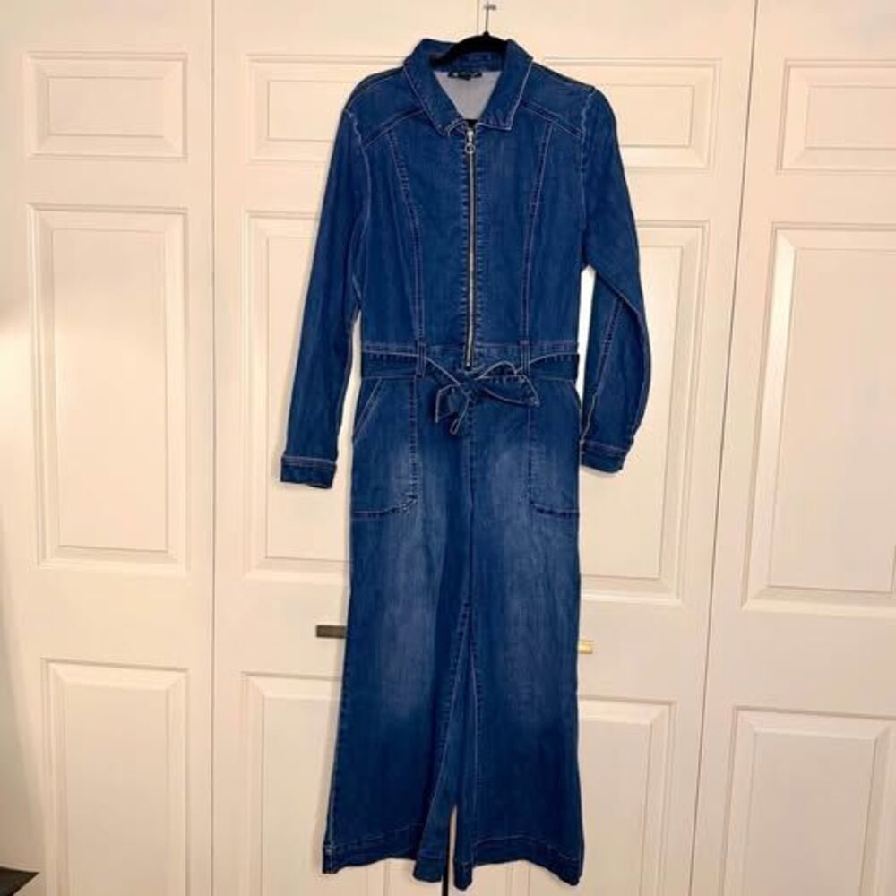 INC International Concepts Dark Denim Zip-Front Wide-Leg Jumpsuit — Size 14